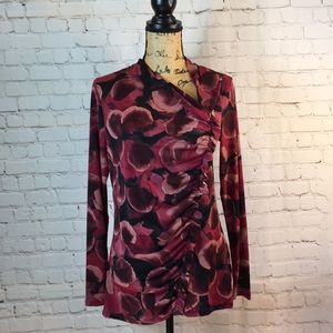 Simply Vera Top Pullover Blouse Wine Print Ruched Ruffle Medium